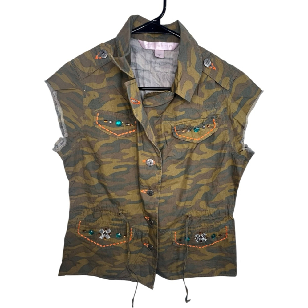 Victoria's Secret Camp Jeweled Button Down Short Sleeve Camo Shirt
